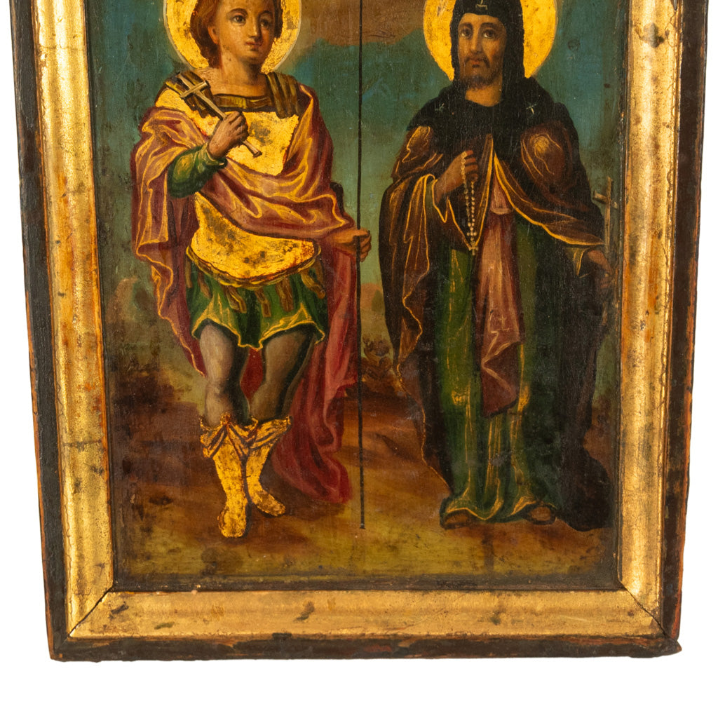 Antique Greek Orthodox Gilded Hand-painted Egg Tempera Double Sided Icon, 1850