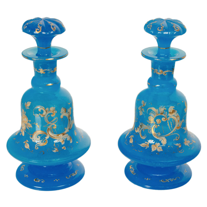 Antique Pair French Blue Opaline Gilded Enamel Glass Perfume Bottles Flacon 1850