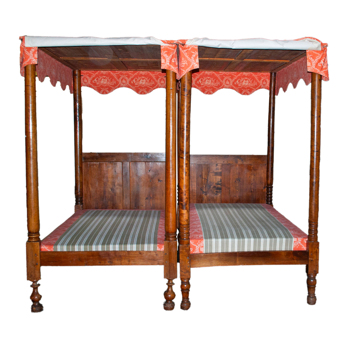 Pair 18th Century Antique French Four Poster Tester Canopy Cherry Twin Beds 1780