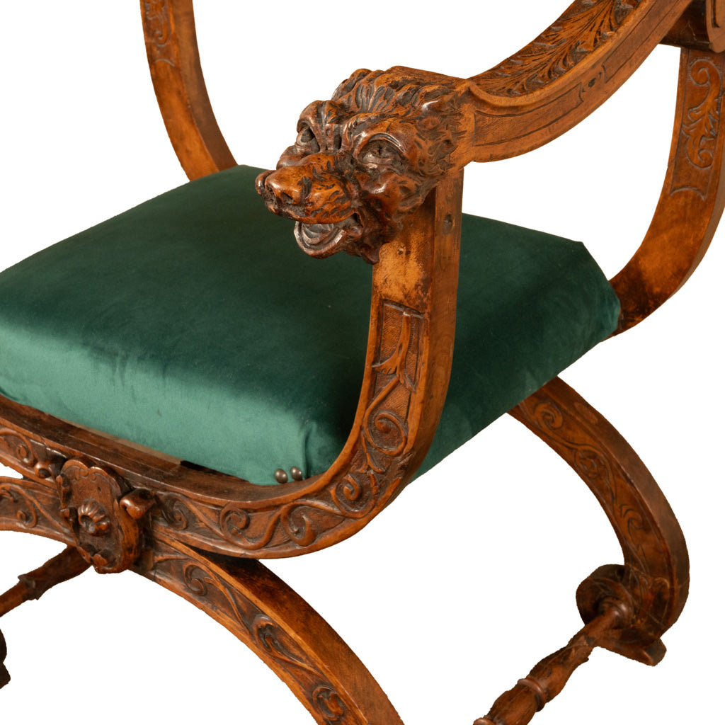 Antique Renaissance Revival Carved Walnut Green Man Savonarola Chair Circa 1890