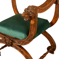 Antique Renaissance Revival Carved Walnut Green Man Savonarola Chair Circa 1890