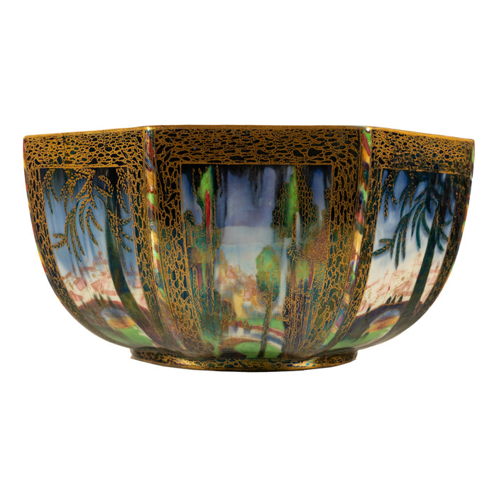 Large Wedgwood Fairyland Lustre Potrcelain Bowl Elves Boxing Match & Castle on a Road 1920