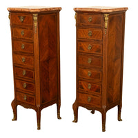 Pair Antique French Semainier Ormolu Inlaid Lingerie Marble Chests Dressers 1900