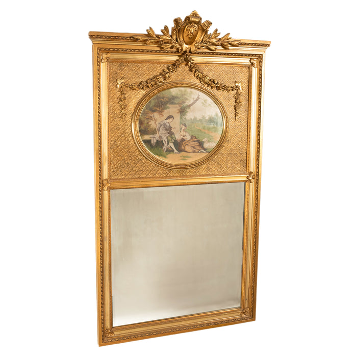 Large 6ft+ Antique Louis XV French Gilded Hand-Painted Trumeau Wall Mirror 1860