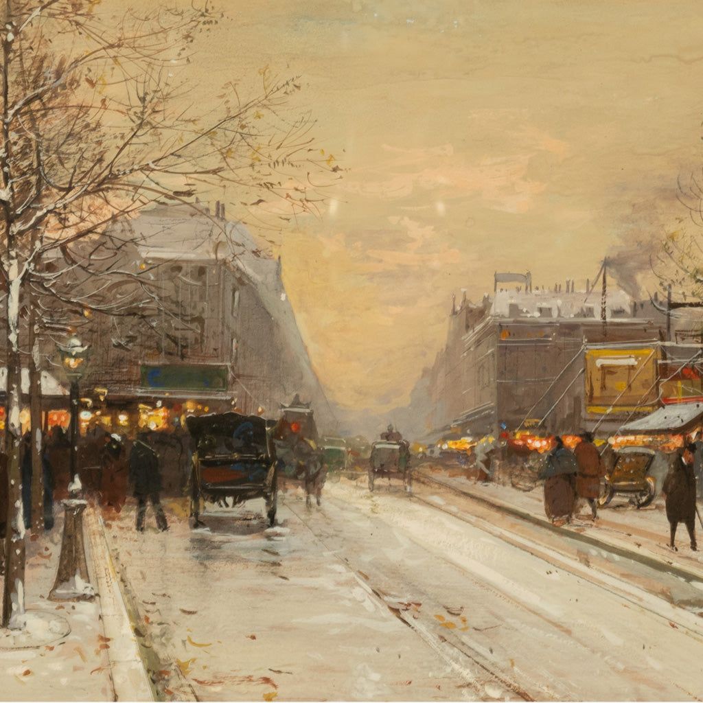French Impressionist Painting Winter Landscape Scene "Foire de Montmartre" Paris by Eugene Galien-Laloue, 1900