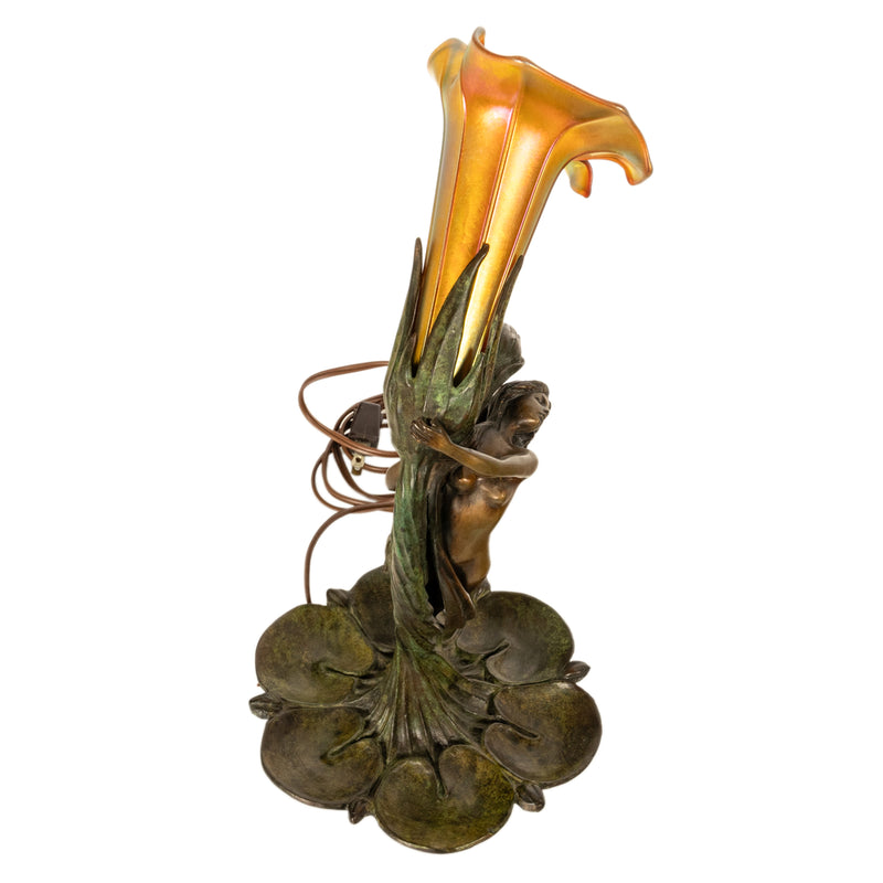 Antique Art Nouveau Austrian Bronze Figural Lamp Loetz Glass Gustav Gurschner, 1905