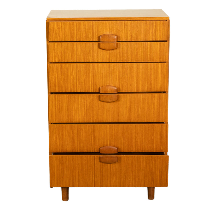Mid Century Modern Danish Tall Boy Teak Chest of Drawers Six Drawer Dresser 1960