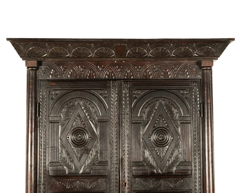 Antique Elizabethan Carved Oak Revival Livery Housekeepers Cupboard Cabinet 1860