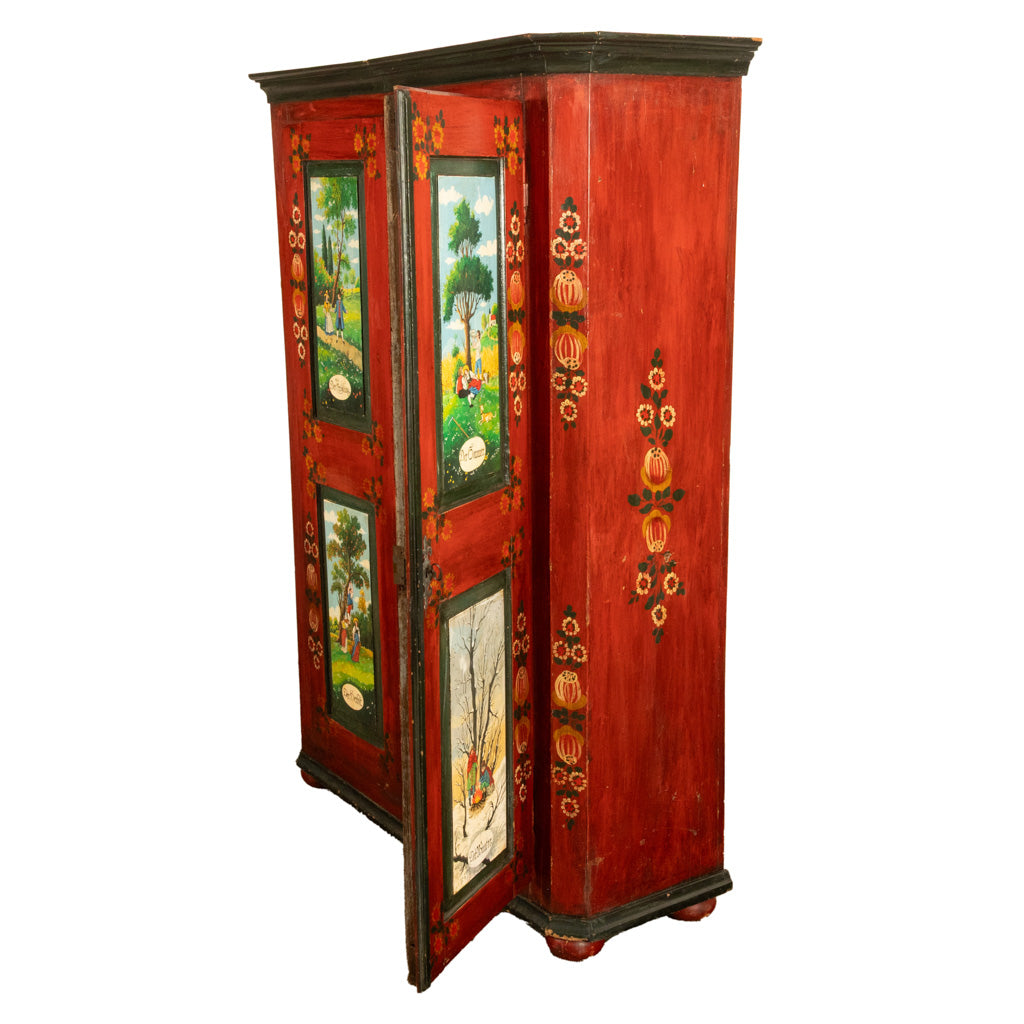 Antique 19th Century German Painted Cabinet Wedding Armoire "Four Seasons" 1850