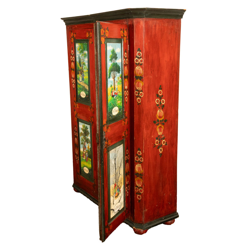 Antique 19th Century German Painted Cabinet Wedding Armoire "Four Seasons" 1850
