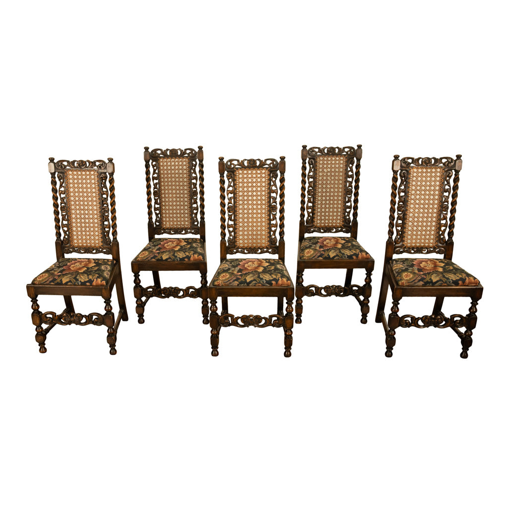 Antique 19thC Set 6 Carved Caned Jacobean Barley Twist Walnut Dining Chairs 1870