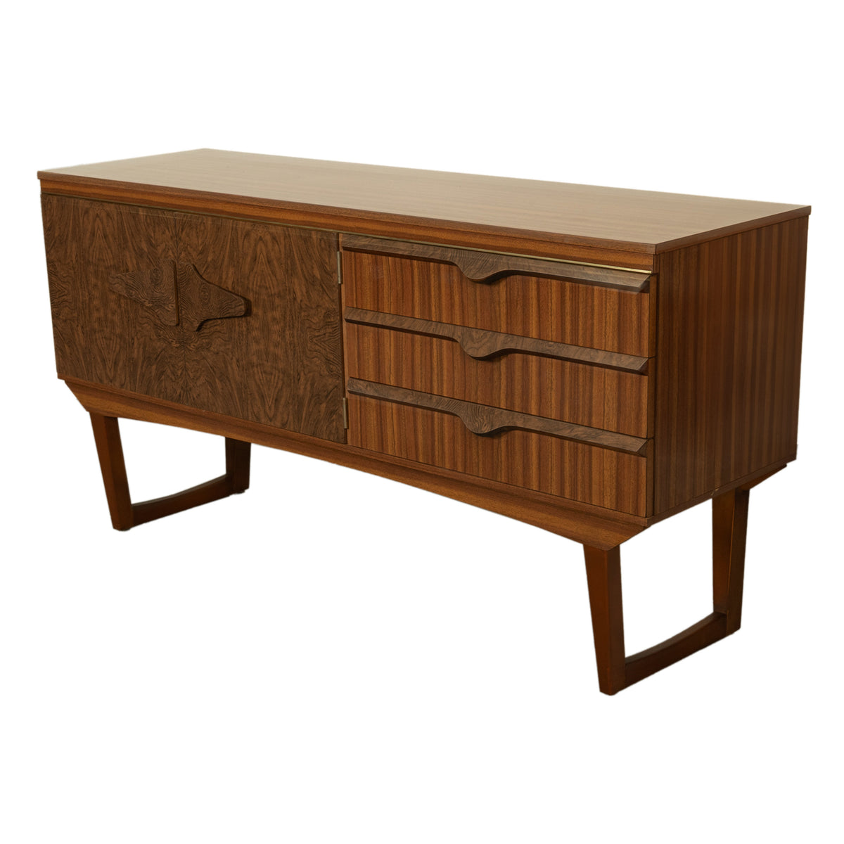 Mid Century Modern Danish Style Compact Zebra Wood Teak Credenza Sideboard 1960