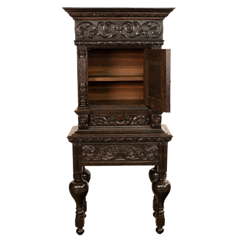 Antique 17th Century Dutch Carved Ebonized Oak Credence Cabinet on Stand 1680