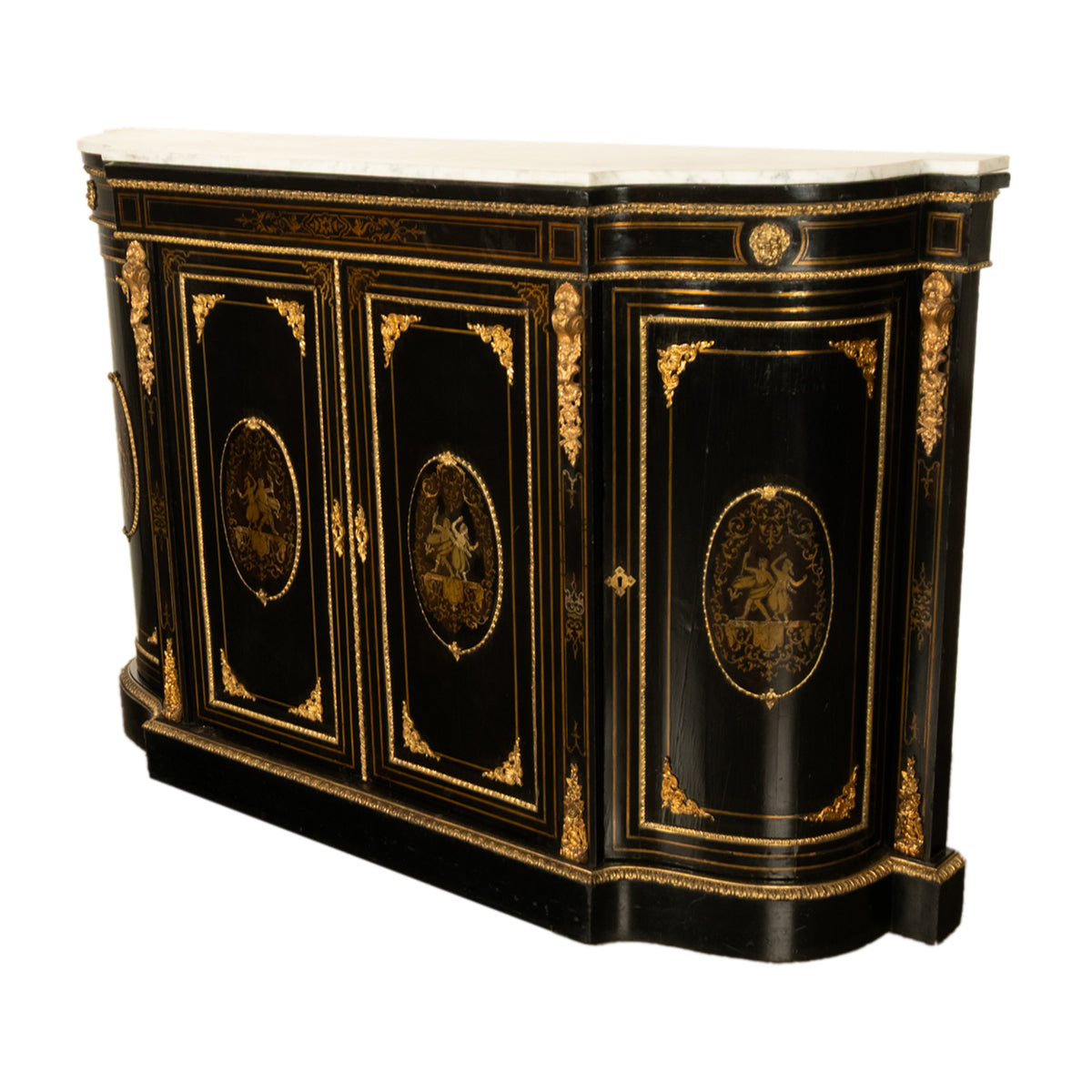 19th Century French Napoleon III Ormolu & Marble Ebonized Cabinet Sideboard 1860