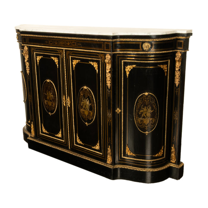 19th Century French Napoleon III Ormolu & Marble Ebonized Cabinet Sideboard 1860