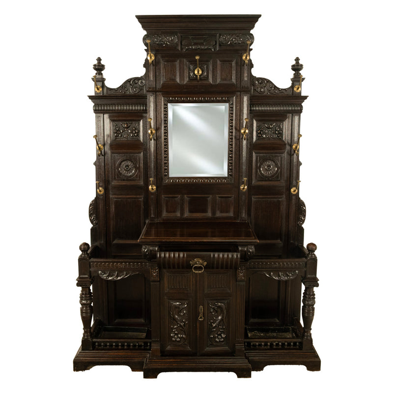Antique Monumental Renaissance Revival Carved Oak Hall Tree Stand Mirror 1890