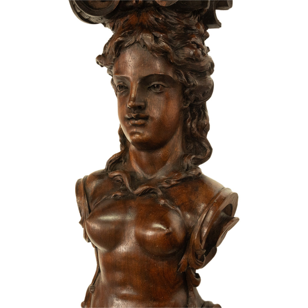 Antique 19thC Italian Carved Walnut Renaissance Revival Pair Caryatid Brackets, Circa 1850