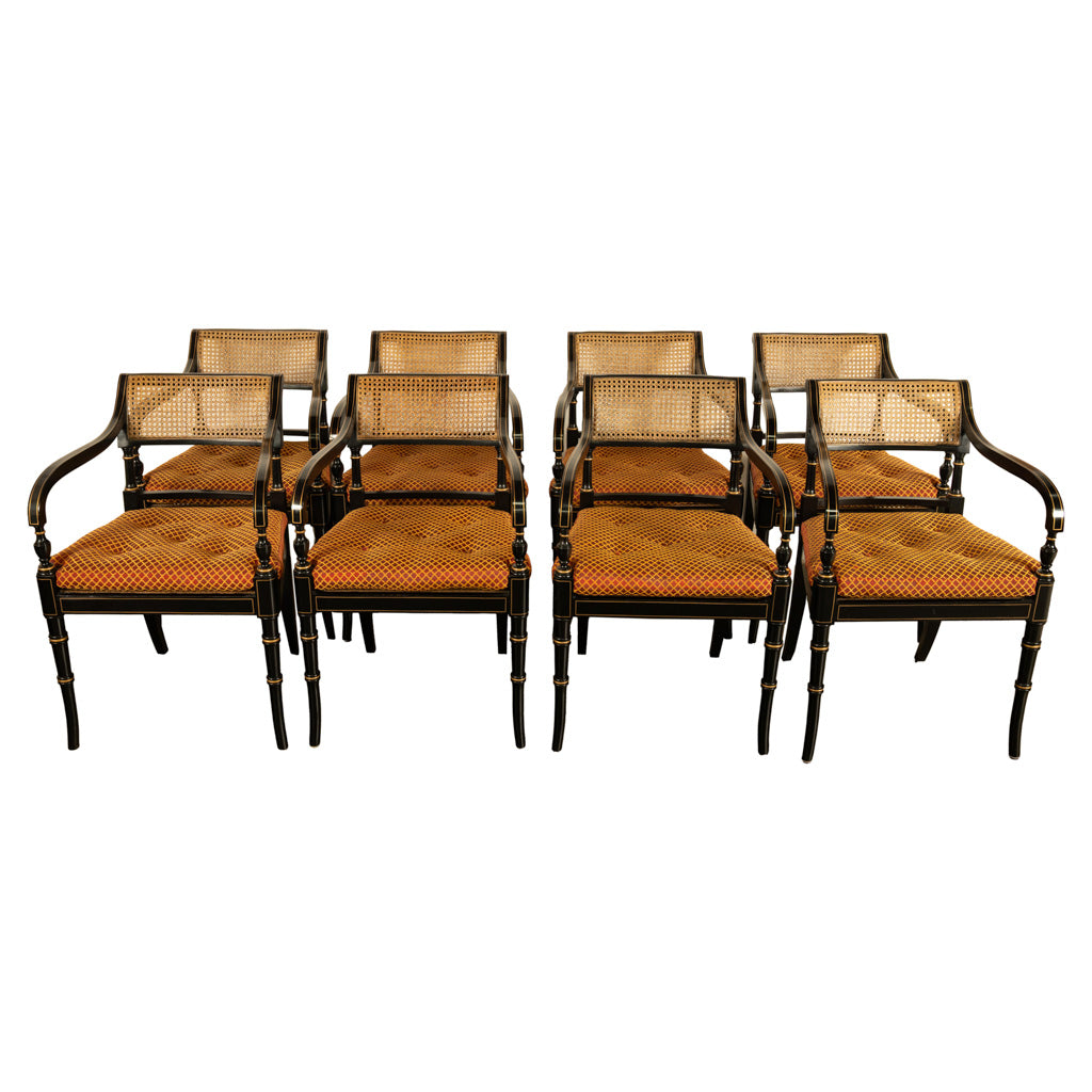 Set Eight Federal Style Japanned & Gilded Dining Arm Chairs Kittinger Furniture
