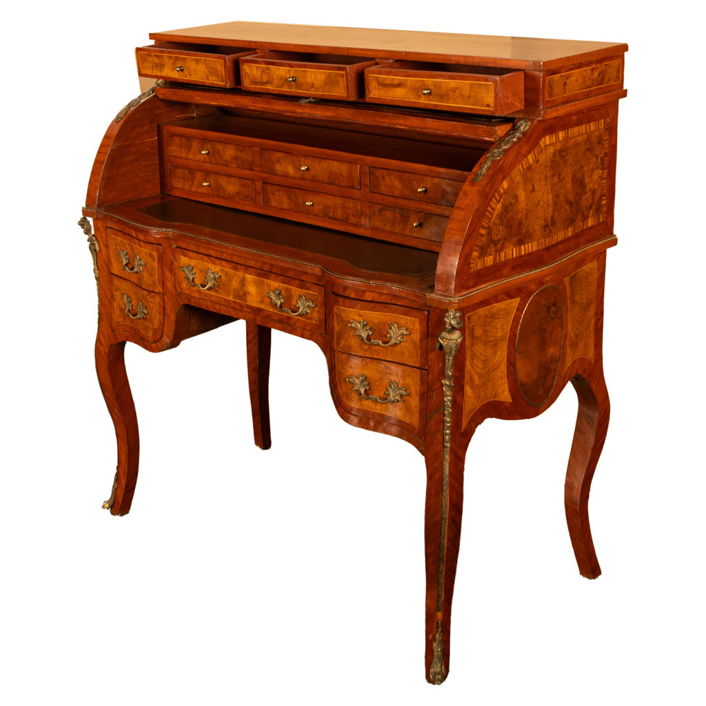 Antique French Louis XV Cylinder Marquetry & Ormolu Bureau Writing Desk 1880