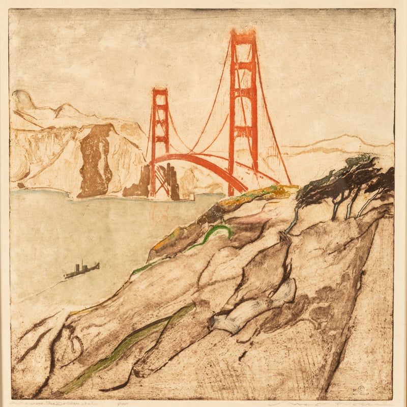 San Francisco Colored Etching Aquatint Golden Gate Bridge by Max Pollak Signed 1944