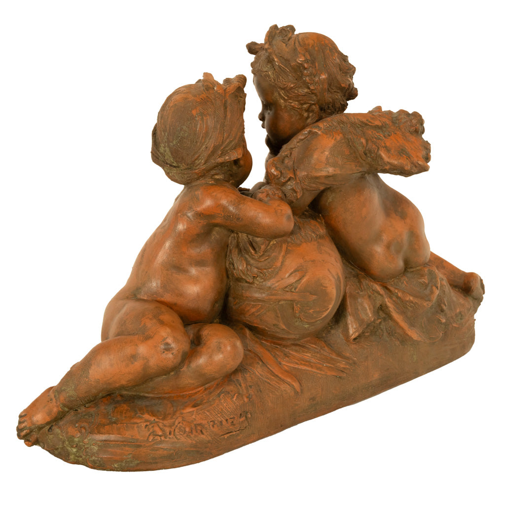 Antique 19thC French Naturalism Terracotta Sculpture "La Source" Putti Sculpture by Albert-Ernest Carrier-Belleuse,1864