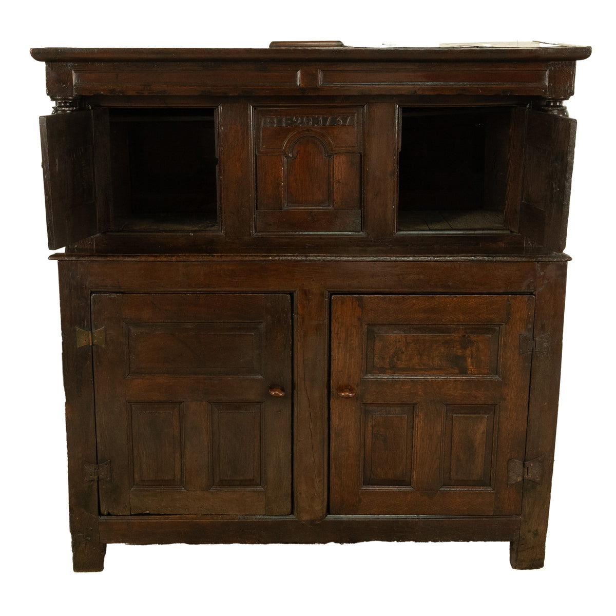 Antique Early 18th Century Welsh English Deuddarn Carved Oak Court Cupboard 1737