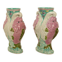 Pair Antique Chinese Qing Dynasty Wucai Glaze Porcelain Double Dragon Fish Vases, 1890