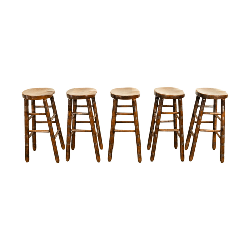 Antique Set of Five Antique Arts & Crafts Turned Elm Bar Sadle Seat Stools 1900
