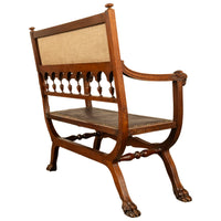 Antique Renaissance Revival Carved Walnut & Leather Hall Window Bench Italy 1880