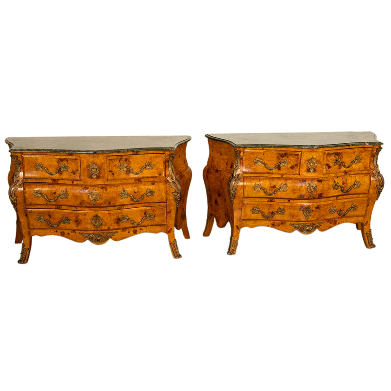 Pair 19th Century Antique Italian Burlwood Bombe Commodes Chests Ormolu & Green Marble 1890