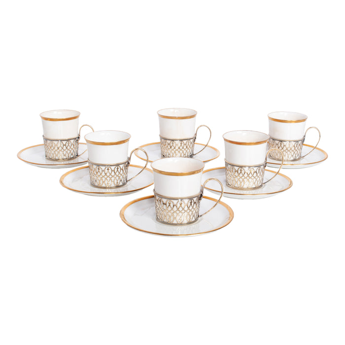 Antique Set of 6 Shelley China Demitasse Cups Saucers Sterling Silver Mappin Webb Birmingham 1919