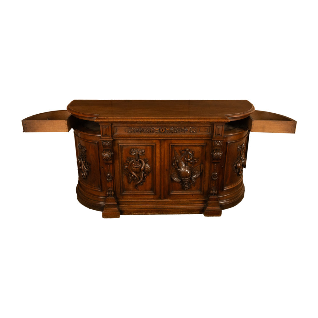 Antique 19thC French Black Forest Carved Oak Hunt Buffet Sideboard Bar 1870