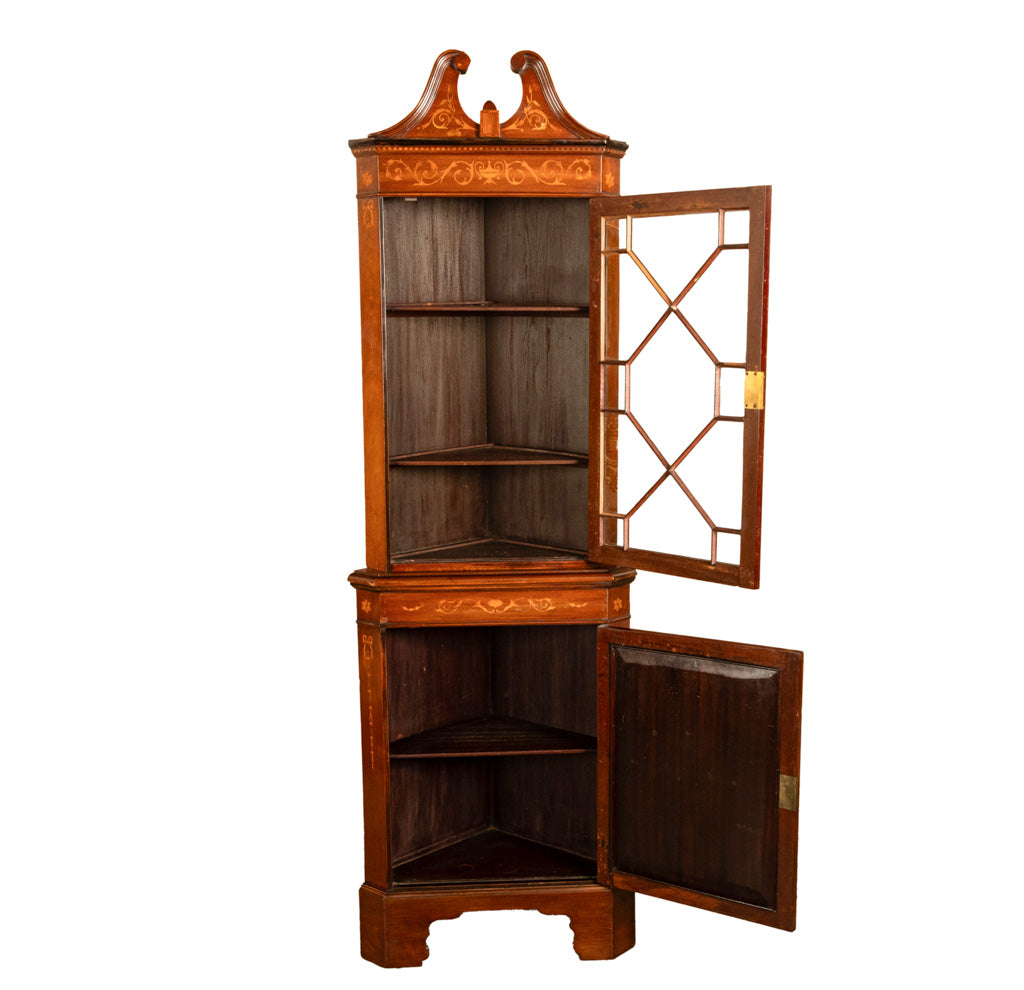 Antique Edwardian Regency Revival Inlaid Marquetry Mahogany Corner Cabinet 1890