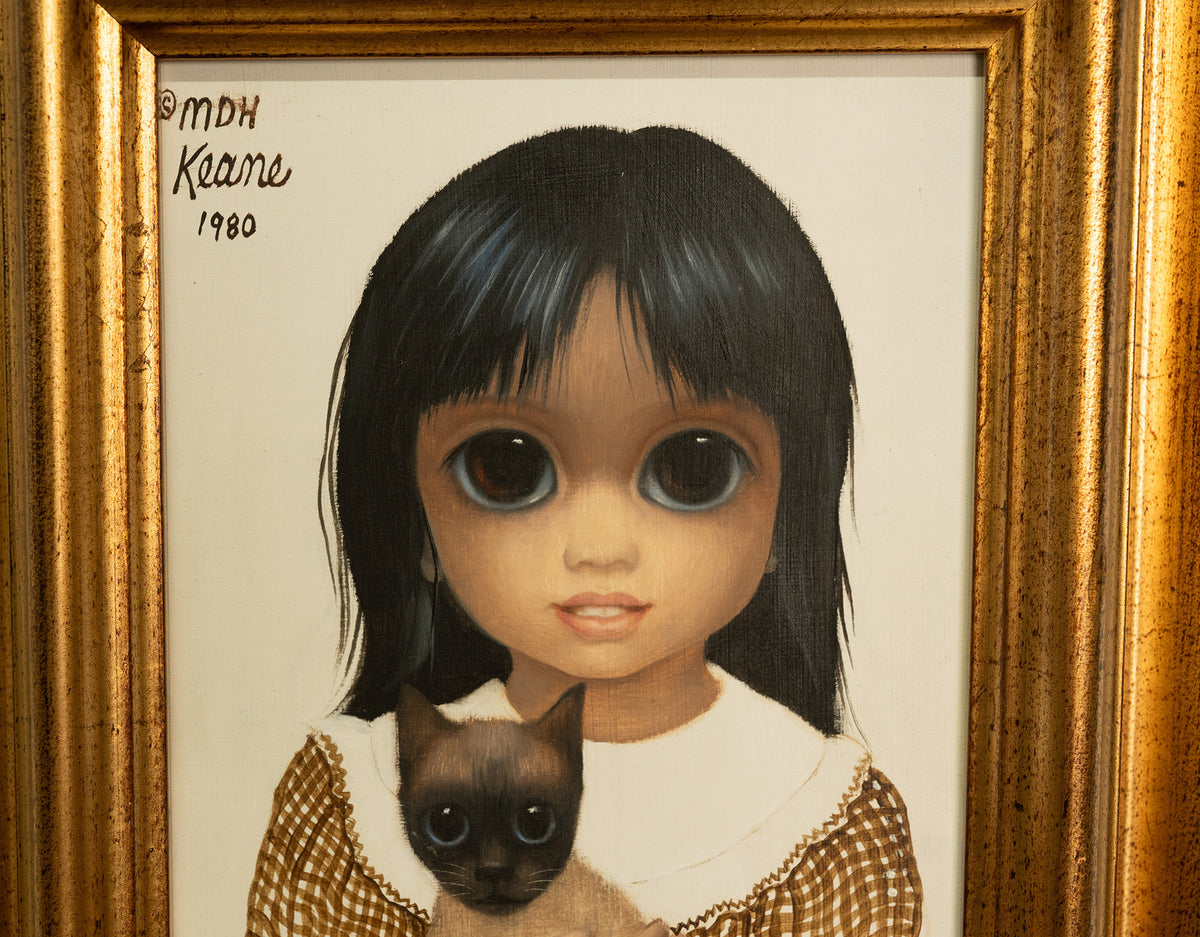 Authentic Oil Painting on Panel "Big Eyes" Beautiful Young Girl with Siamese Cat by Margaret Keane, 1980
