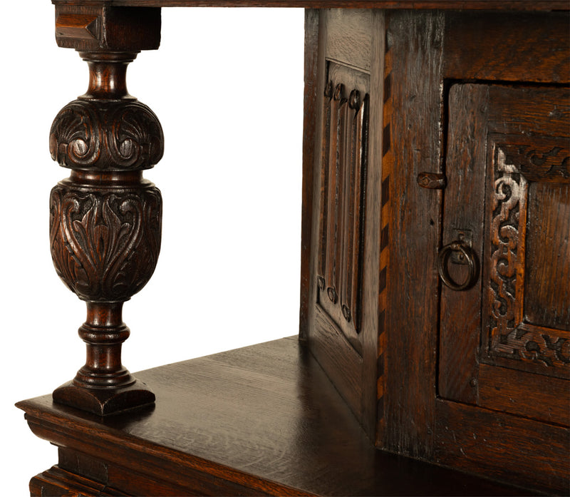 Antique 16th C Elizabethan Tudor Inlaid Oak Carved Court Cupboard Cabinet 1580