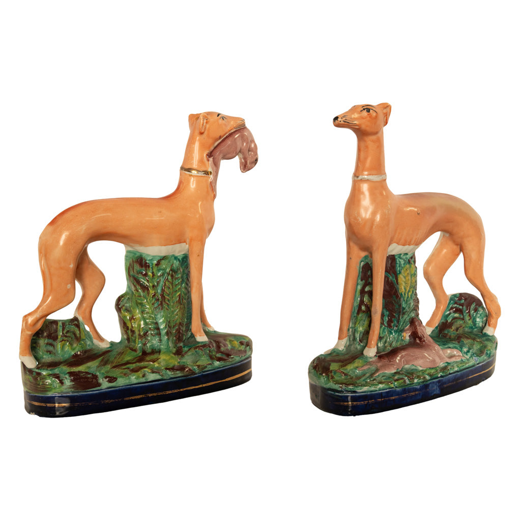 Antique 19thC Pair of Staffordshire Whippets Greyhounds Hunting Dog Figures 1860