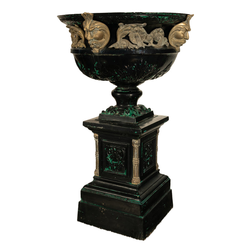 Monumental 70" Tall Antique Cast Iron Bronze Garden Urn Planter on Pedestal 1930