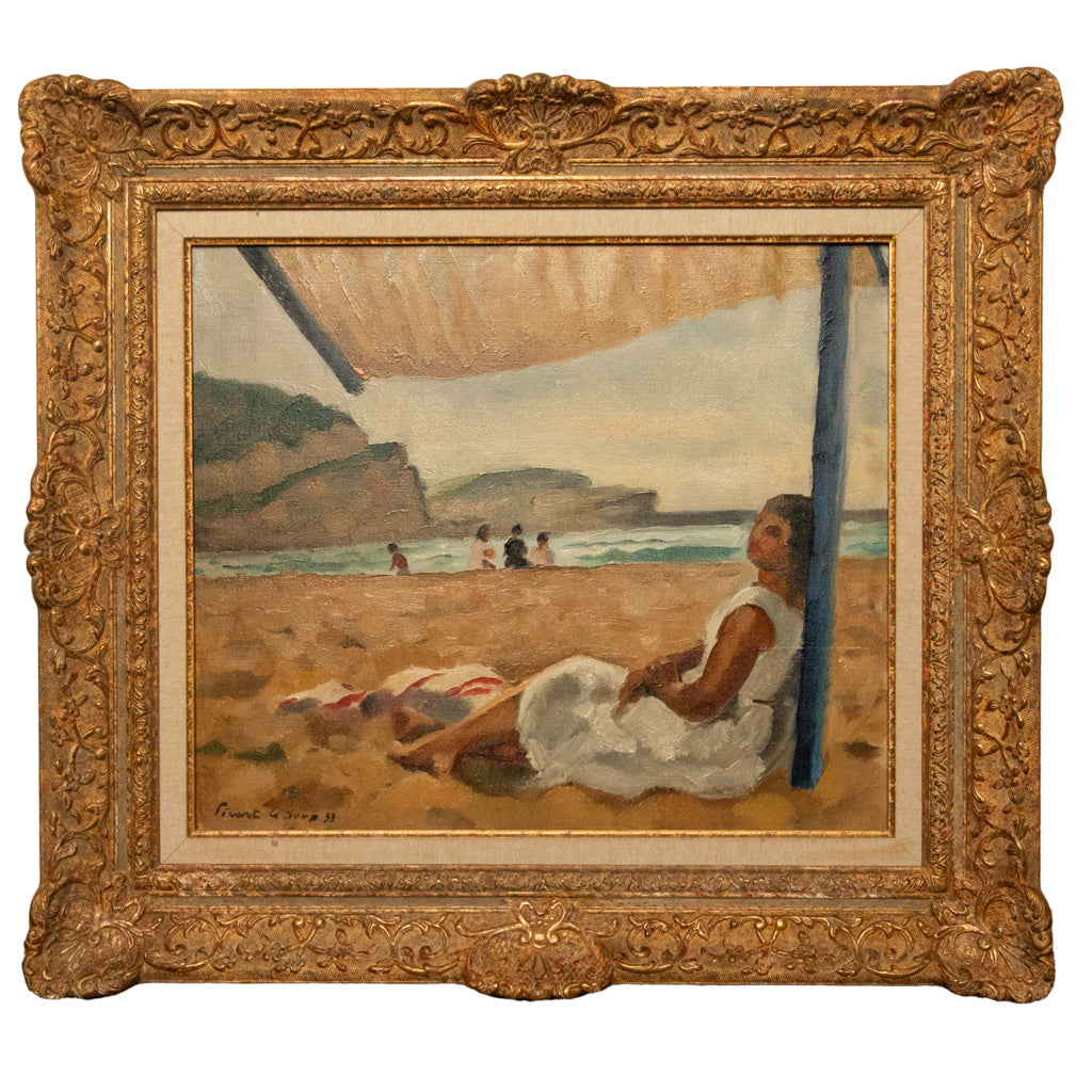 French Oil on Canvas Post Impressionist Portrait Painting Beach Sea Scene Spain by Charles Picart le Doux, 1933