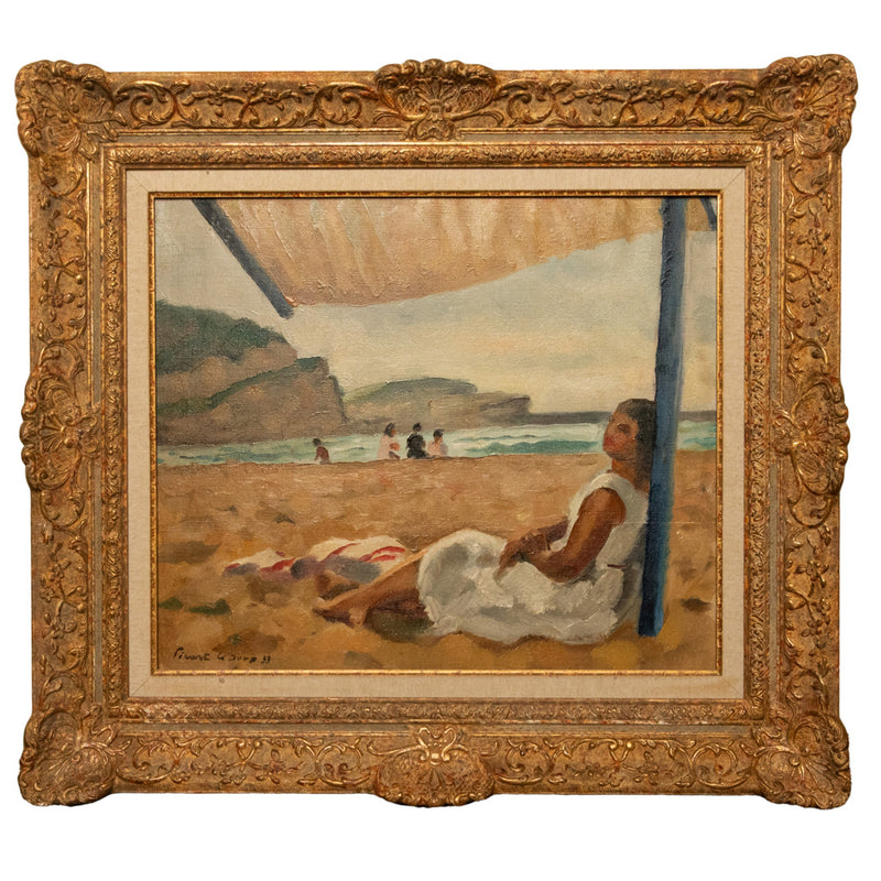 French Oil on Canvas Post Impressionist Portrait Painting Beach Sea Scene Spain by Charles Picart le Doux, 1933