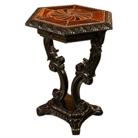 Antique Ceylonese Carved Rosewood Ebony Ivory Silver Specimen Inlaid Table 1850