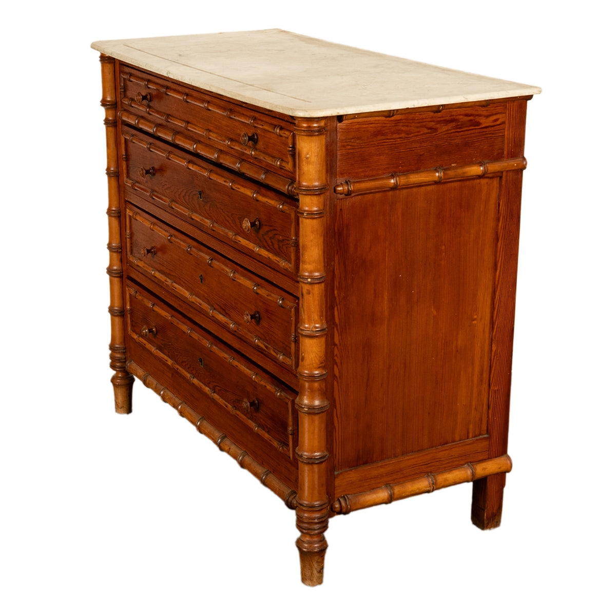 Antique 19th Century French Faux Bamboo Pine White Marble Chest Drawers Commode Circa 1880