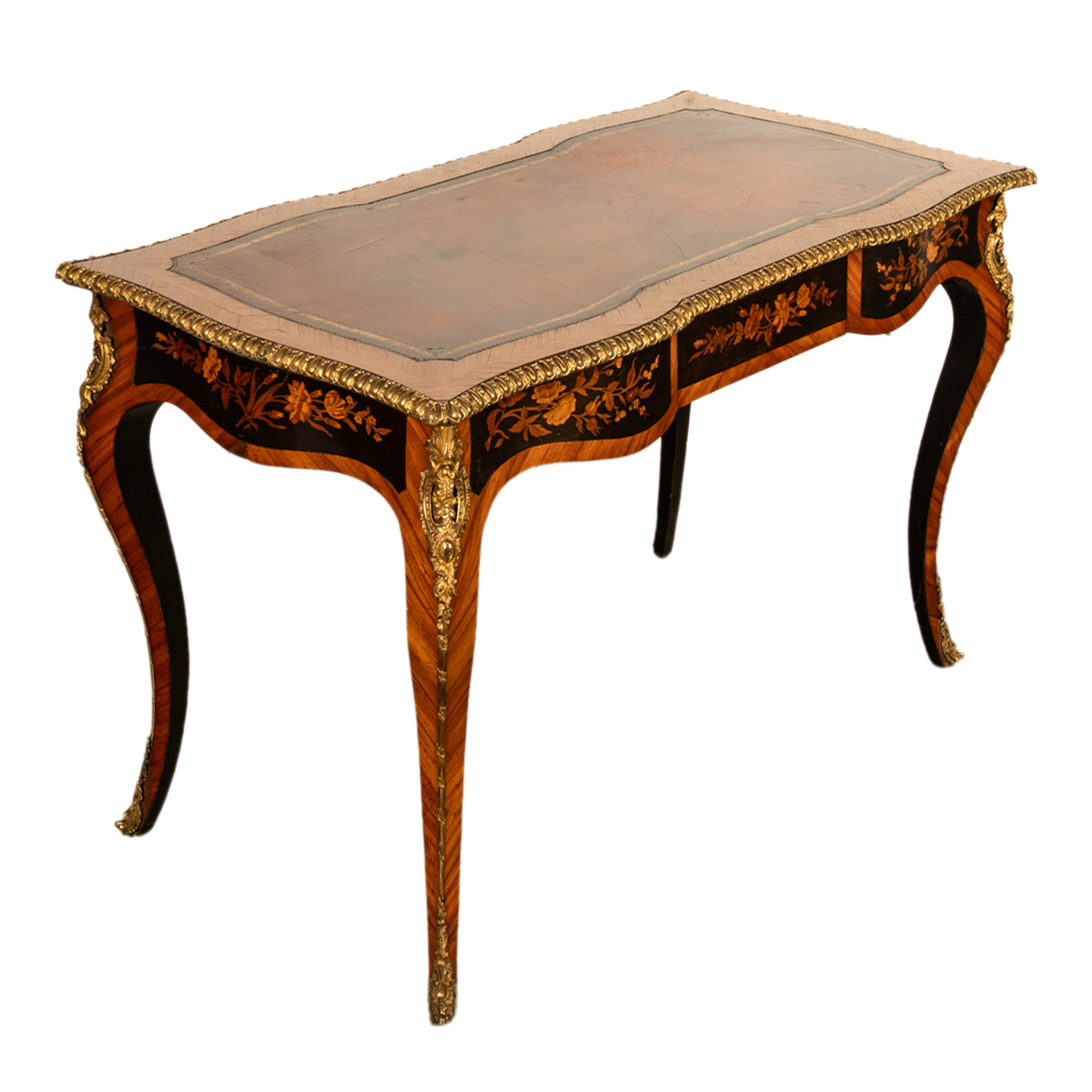 Antique French Louis XV Tulipwood Marquetry Ormolu Bureau Plat Writing Table Circa 1880