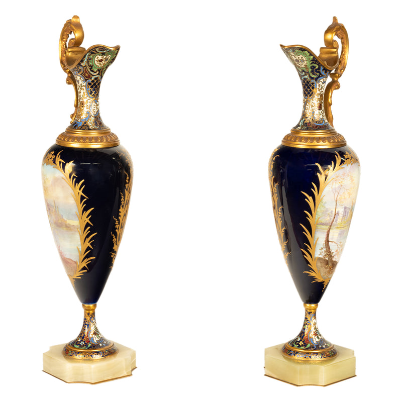 Pair Antique French Sevres Porcelain & Champleve, Ormolu Ewers Signed Rochette Circa 1890