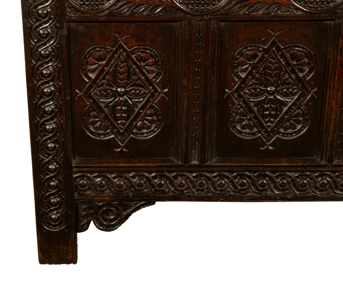 Antique 17th Century Jacobean Charles II Dark Oak Carved Coffer Chest 1680