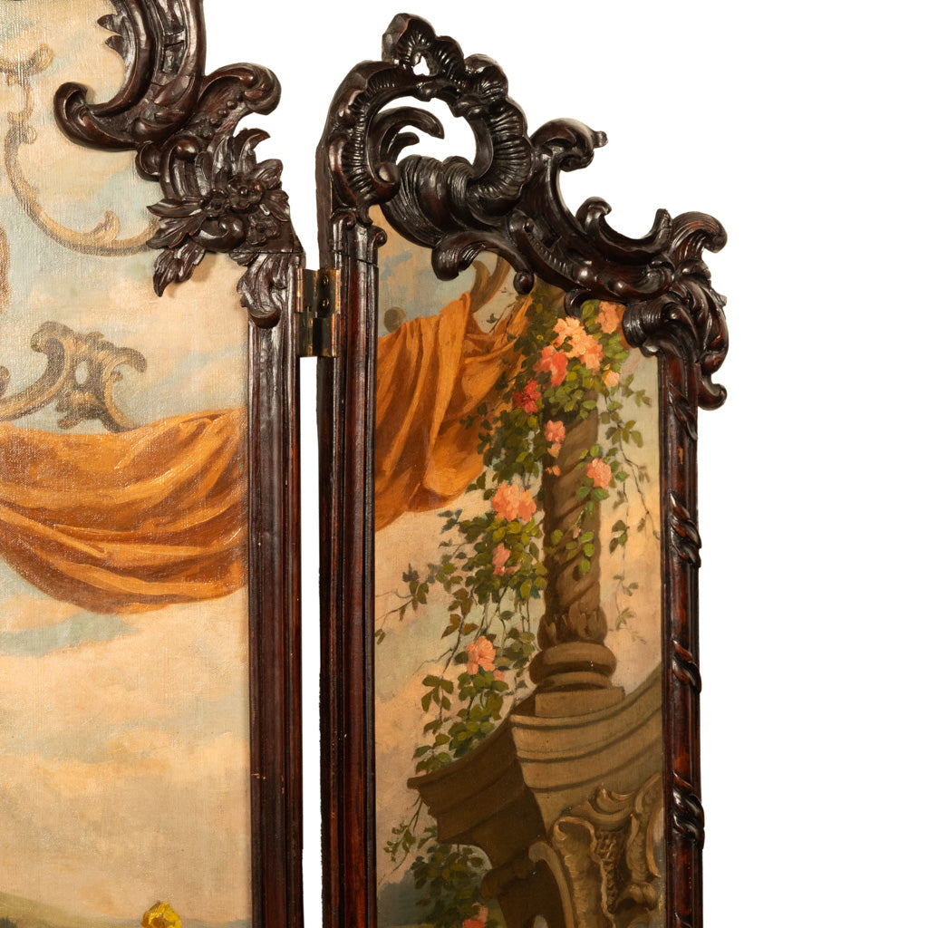 Antique French Rococo Oil Canvas Walnut Painting Landscape Cherubs Screen 1870
