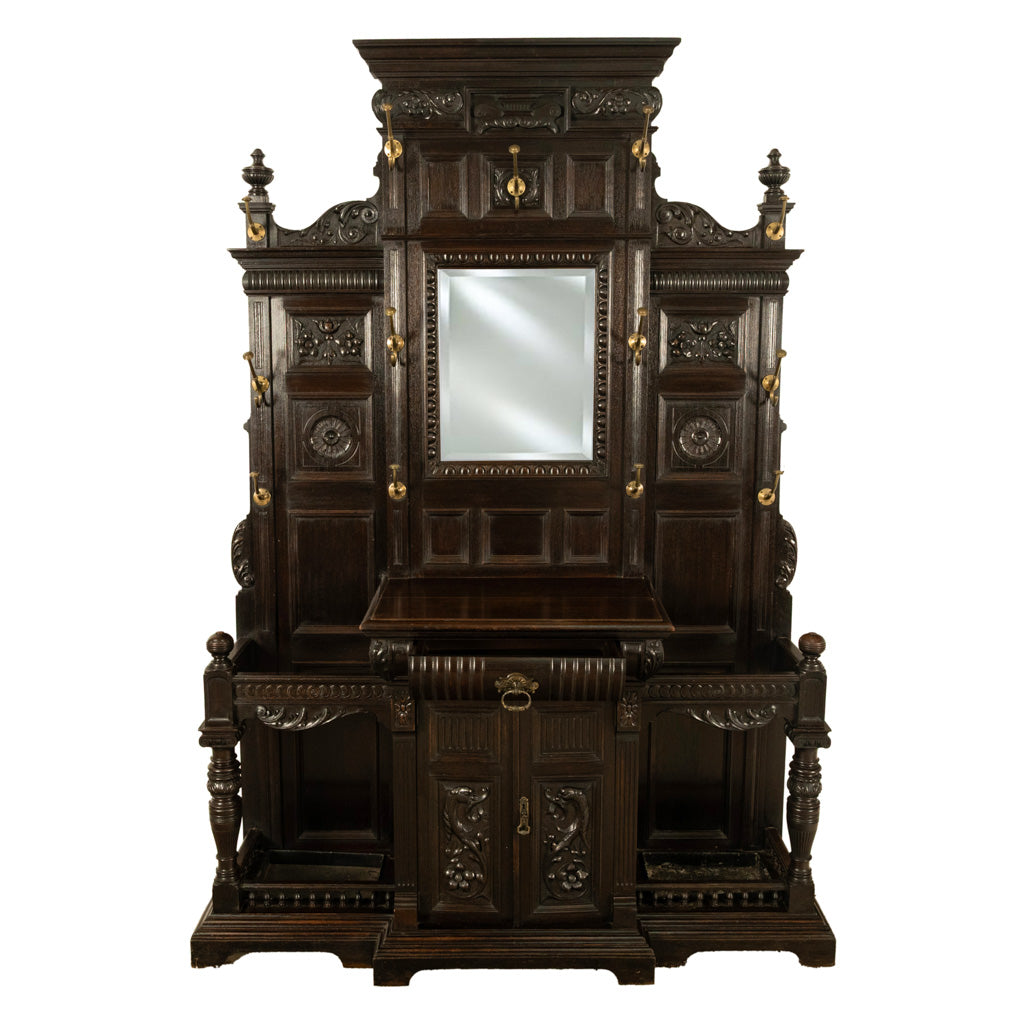 Antique Monumental Renaissance Revival Carved Oak Hall Tree Stand Mirror 1890