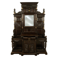 Antique Monumental Renaissance Revival Carved Oak Hall Tree Stand Mirror 1890