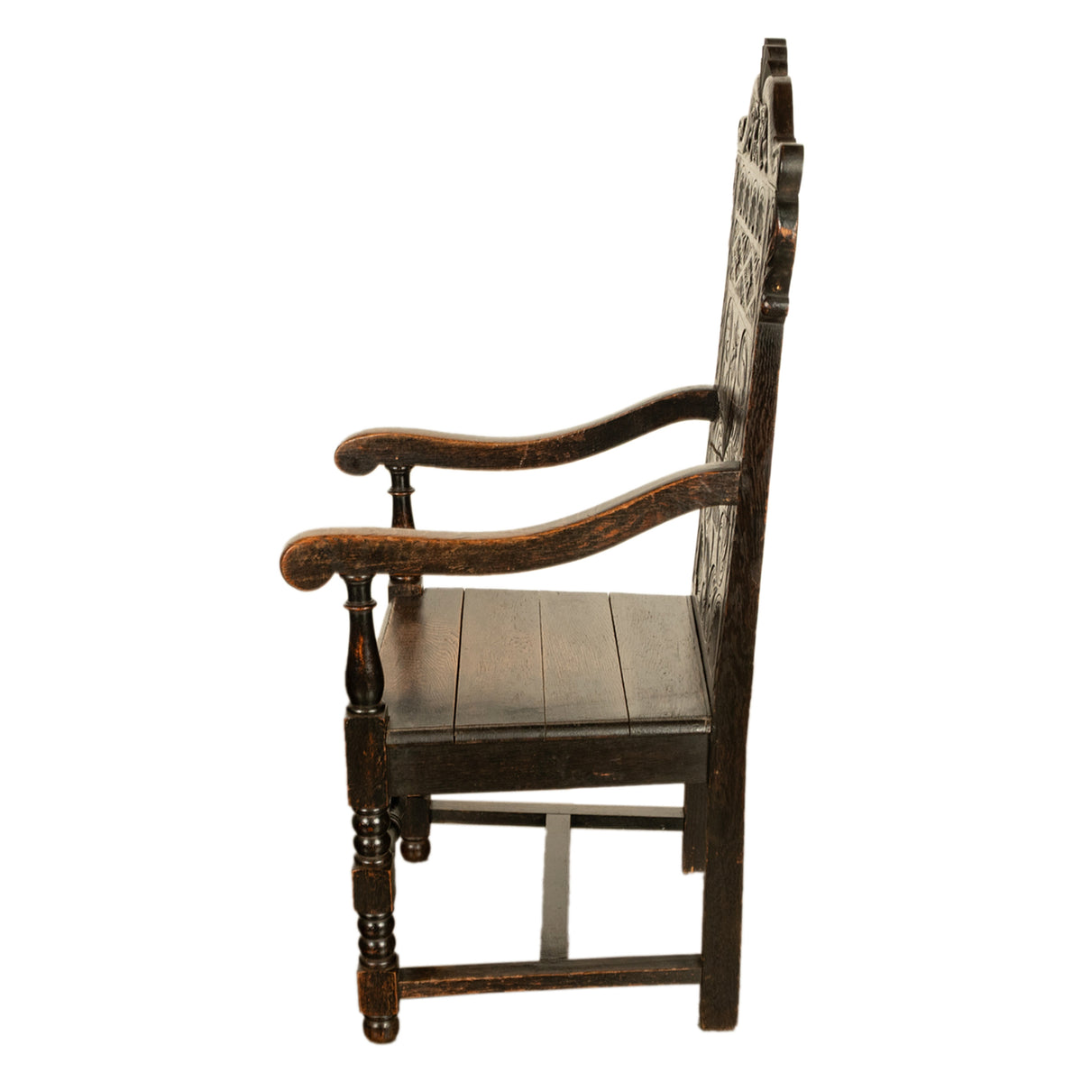 Antique 17th Century English Charles II Oak Carved Wainscot Armchair 1680
