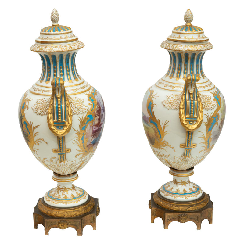 Pair Antique French Sevres Handpainted Gilded Ormolu Porcelain Urns signed 1890