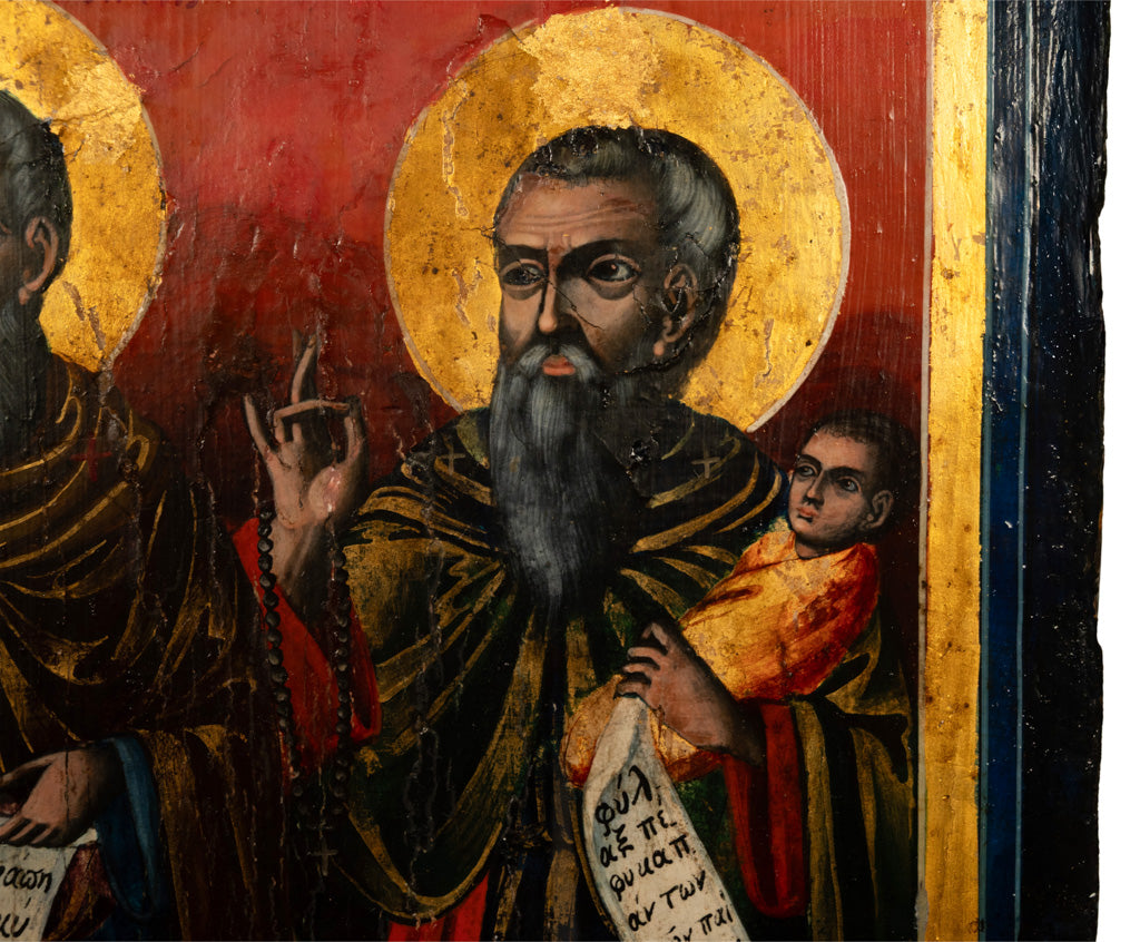 Antique Greek Eastern Orthodox Religious Painted Icon Egg Tempera 3 Saints 1780